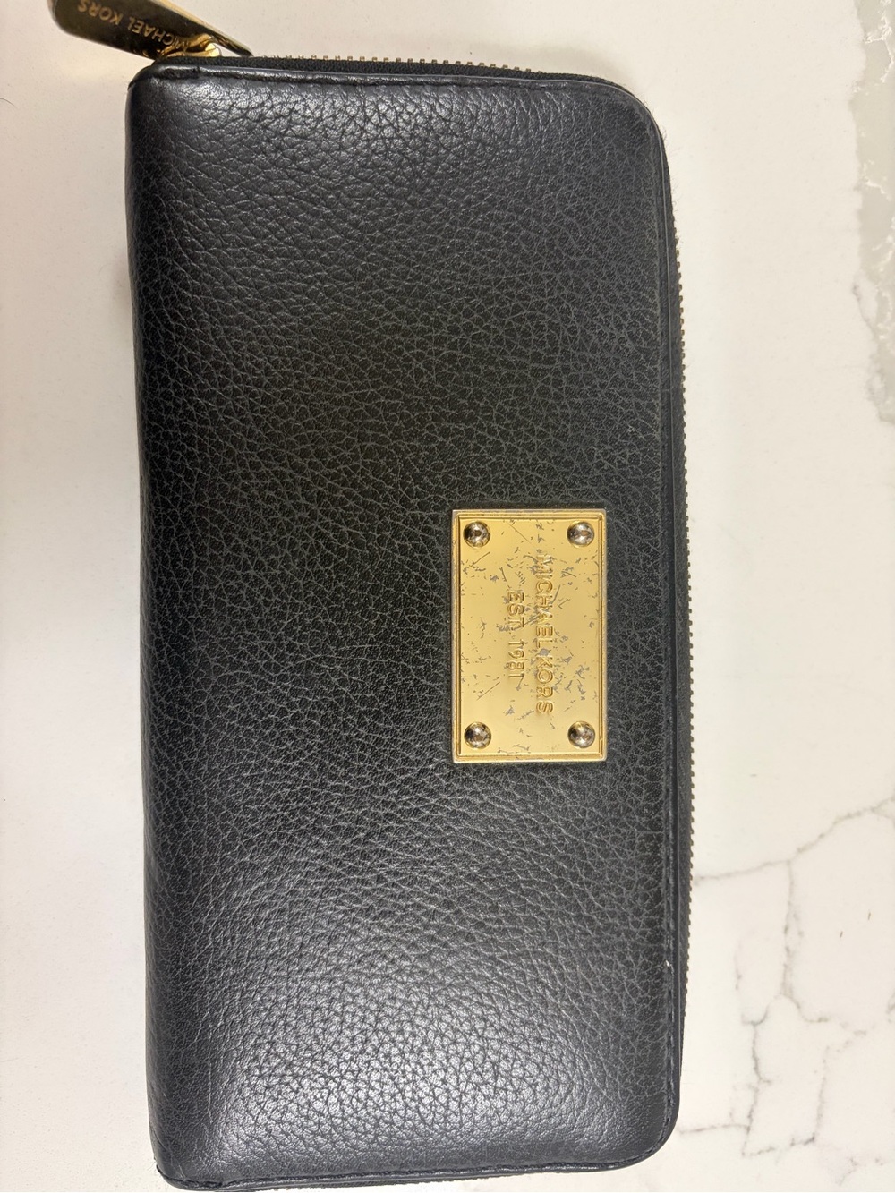 Michael Kors Black Pebbled Leather Zip Around Wallet with Gold Plate